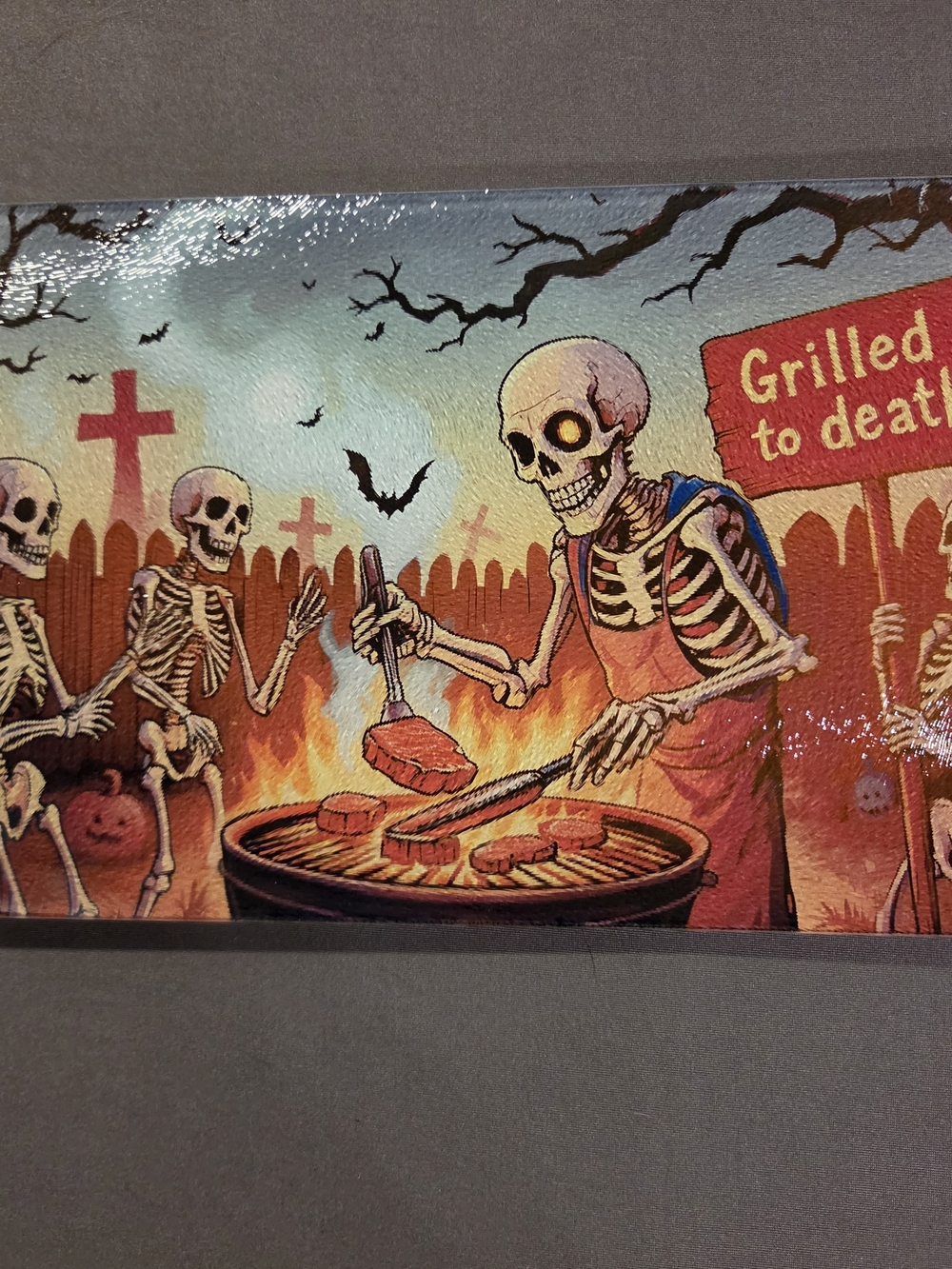 Halloween Skeleton Grilling Glass Cutting Board Grilled to Death 8x11